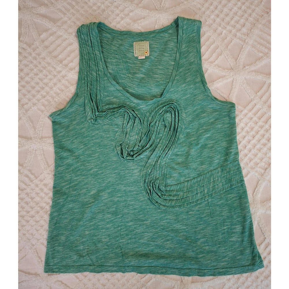 Little Yellow Button Womens XL Tank Top Green Striped Pleated Ruffle Cotton